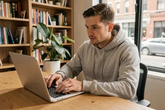 Homme utilisant un laptop pour accéder à Google USA sans VPN depuis son bureau à domicile