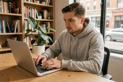 Homme utilisant un laptop pour accéder à Google USA sans VPN depuis son bureau à domicile