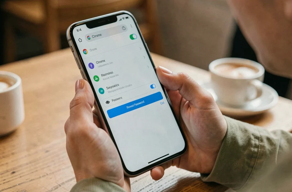 Gros plan sur un smartphone affichant les réglages de mots de passe dans Chrome mobile dans un café