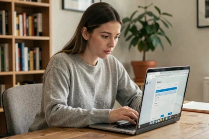Femme consultant les paramètres de mots de passe dans le navigateur Chrome sur un ordinateur portable