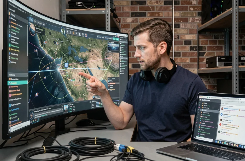 Gamer analysant une carte de bataille Eve Online sur un écran ultrawide 21:9 avec un laptop Discord ouvert pour la coordination de flotte