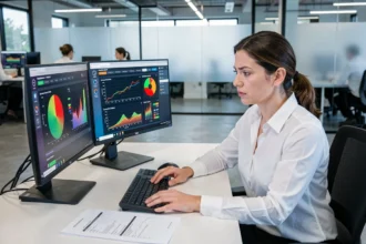 Analyste data examisant des tableaux de bord contradictoires sur deux écrans dans un bureau moderne