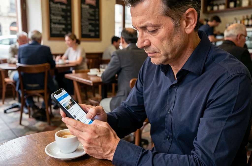 Homme changeant de pays sur Google via son smartphone dans un café sans recourir à un VPN