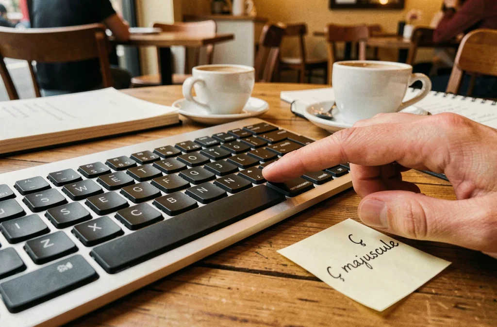 Gros plan d'un clavier AZERTY avec note manuscrite indiquant comment taper le C cédille majuscule