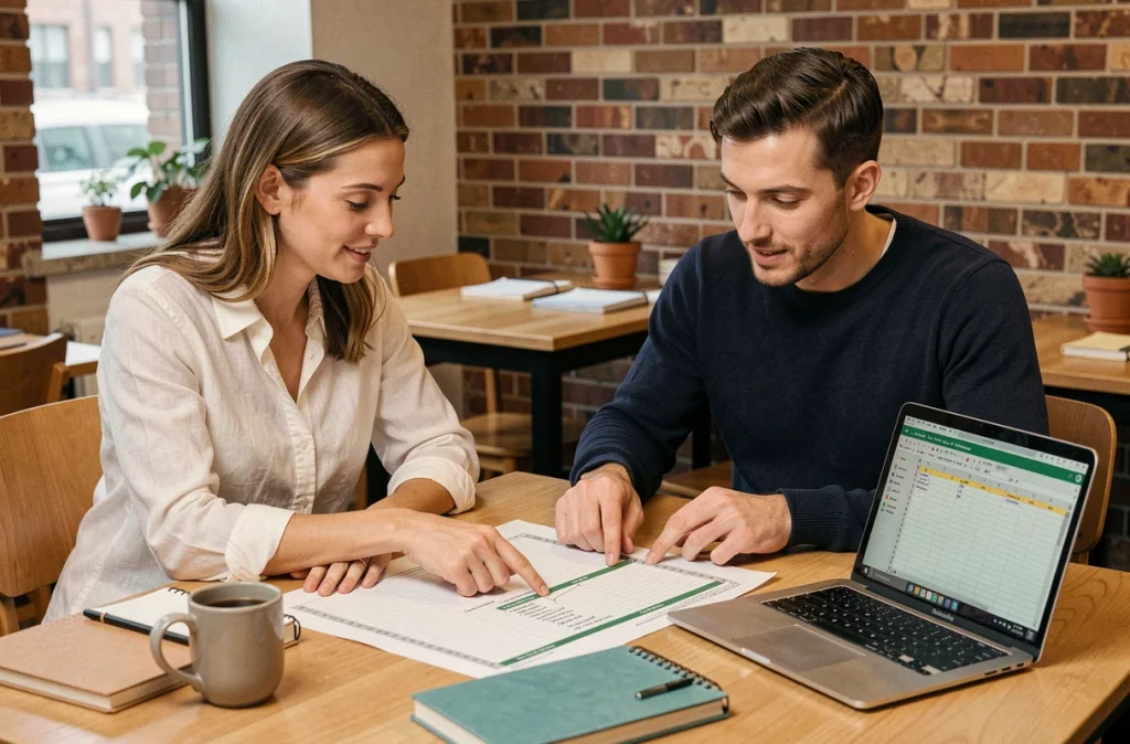 Deux collègues collaborant sur des tableaux Excel imprimés et numériques dans un espace de coworking convivial