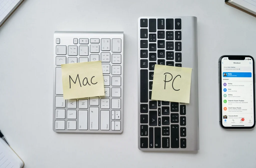 Vue du dessus comparant un clavier Apple Magic Keyboard et un clavier Windows PC posés côte à côte sur un bureau blanc
