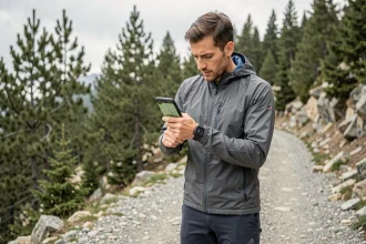 Coureur de trail consultant un fichier GPX sur sa montre GPS connectée en montagne