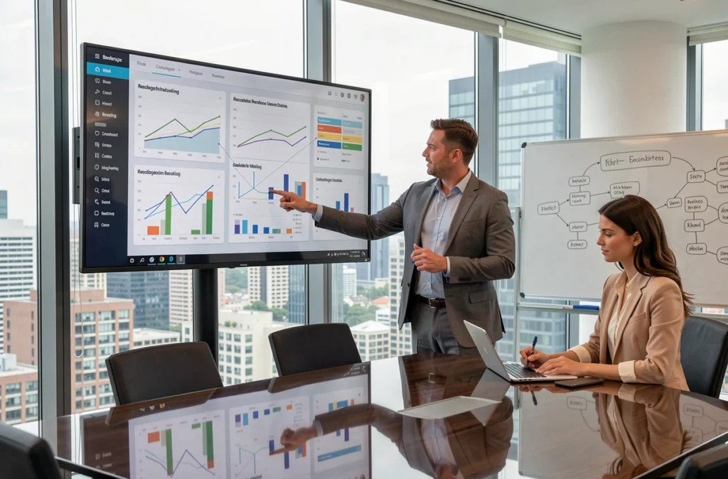 Équipe professionnelle analysant des données incohérentes sur un écran interactif en salle de réunion