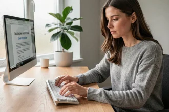 Femme tapant sur un clavier blanc dans un bureau minimaliste pour écrire un C cédille majuscule