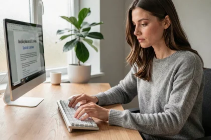 Femme tapant sur un clavier blanc dans un bureau minimaliste pour écrire un C cédille majuscule