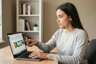 Jeune femme débutante apprenant le calcul de moyenne sur Excel dans un bureau à domicile