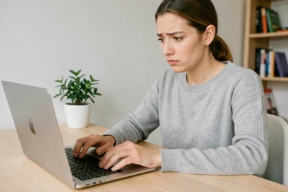 Femme perplexe devant son MacBook Pro avec un clavier inversé dans un bureau à domicile moderne