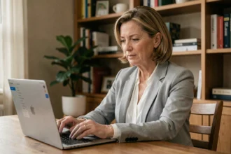 Femme consultant sa messagerie Webversailles sur un ordinateur portable dans un bureau à domicile