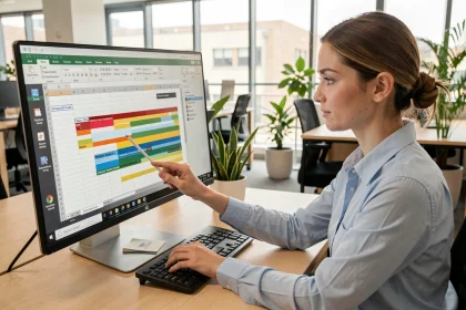 Femme organisée travaillant sur des tableaux Excel colorés dans un bureau moderne pour optimiser sa productivité