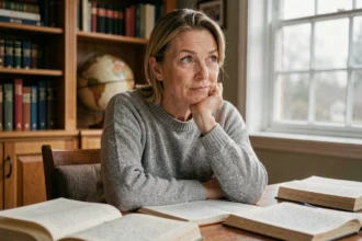 Femme pensive assise à un bureau en bois entouré de livres ouverts, illustrant la réflexion et la compréhension d'un concept complexe