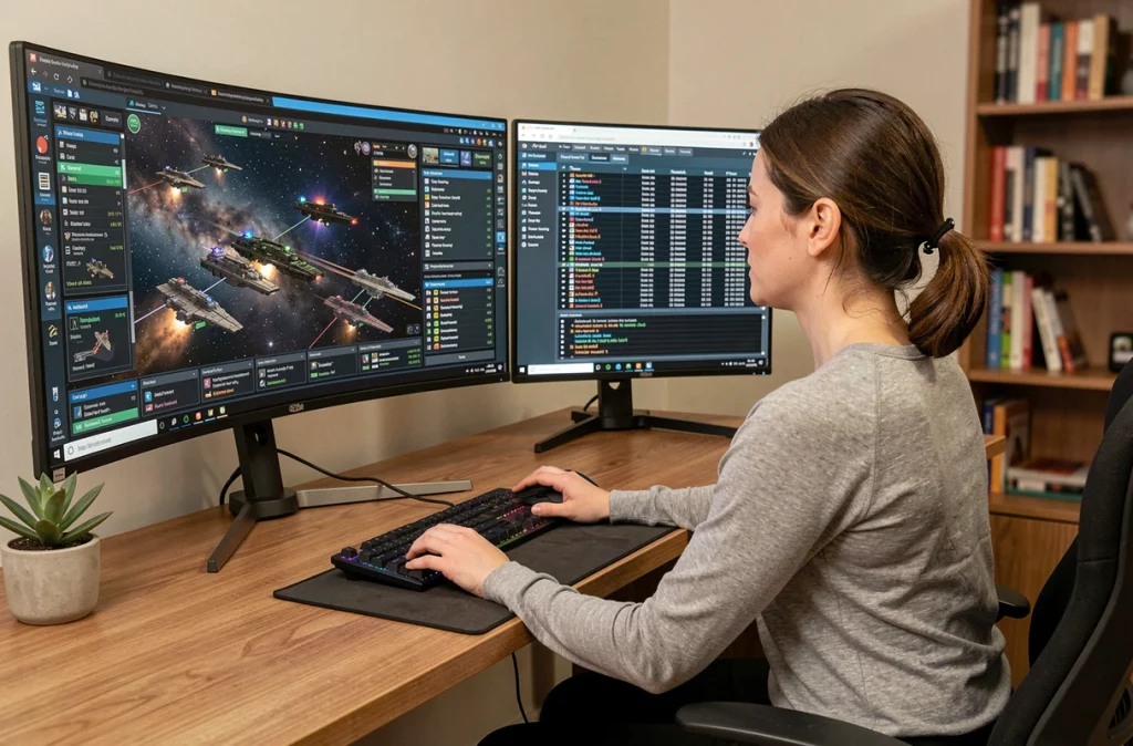 Joueuse gérant une flotte Eve Online sur un écran étendu 21:9 avec des outils de coordination et Discord sur un second moniteur vertical