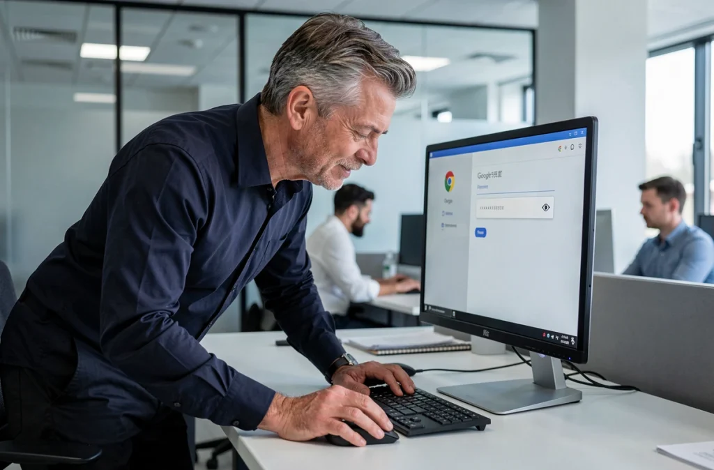 Homme accédant au gestionnaire de mots de passe de Chrome sur un grand écran de bureau en open space