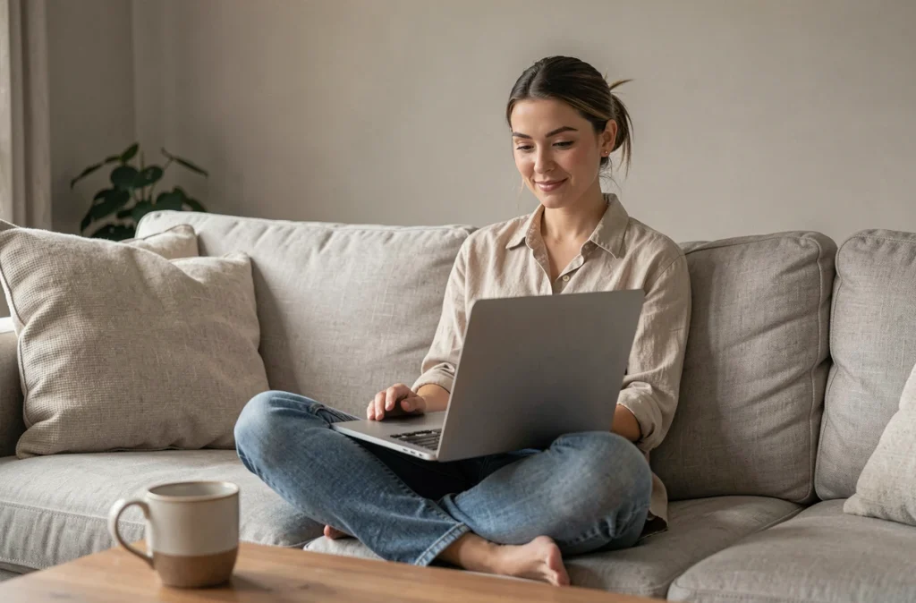 Femme accédant à Google USA depuis son salon avec un ordinateur portable sans utiliser de VPN