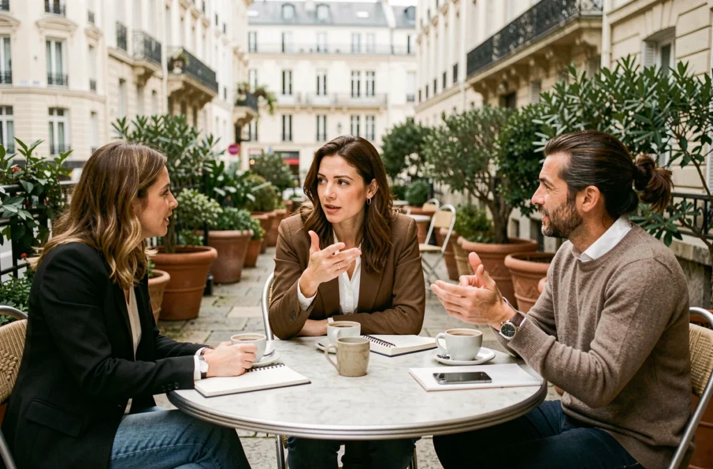 Groupe de trois adultes en discussion animée autour d'une table de café en terrasse urbaine, symbolisant l'échange et la vulgarisation d'un sujet mystérieux ou complexe