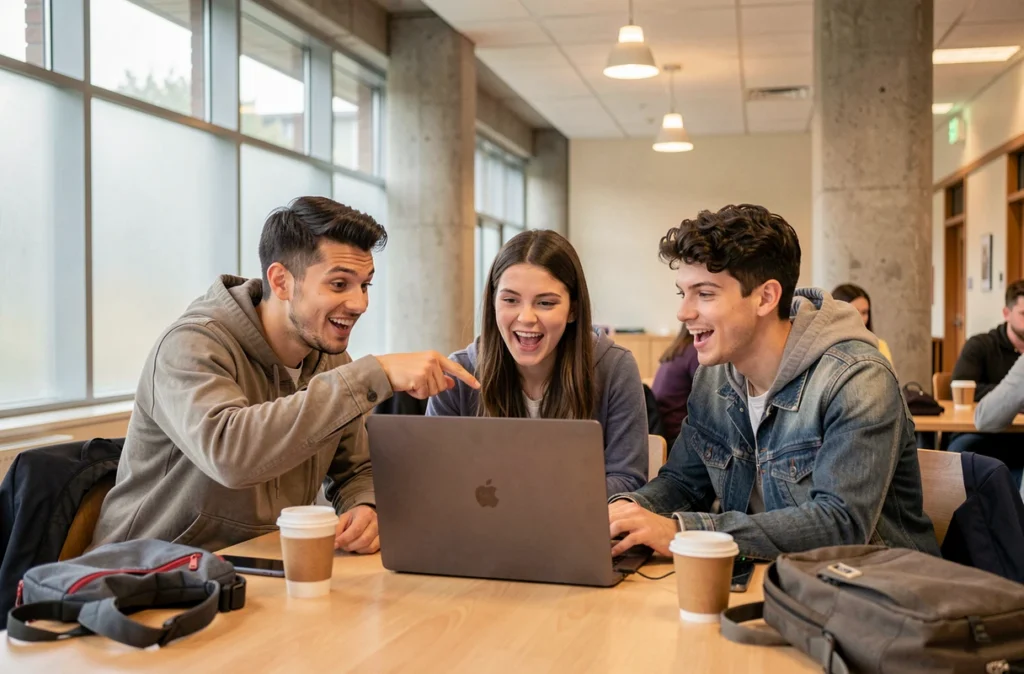 Groupe de jeunes joueurs de LoL réunis autour d'un laptop dans une salle commune universitaire