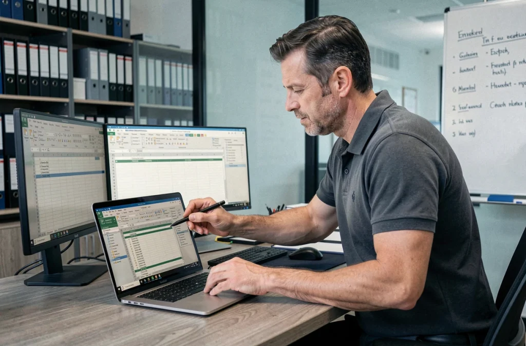 Homme d'affaires debout utilisant Excel sur ordinateur portable dans un bureau vitré bien organisé