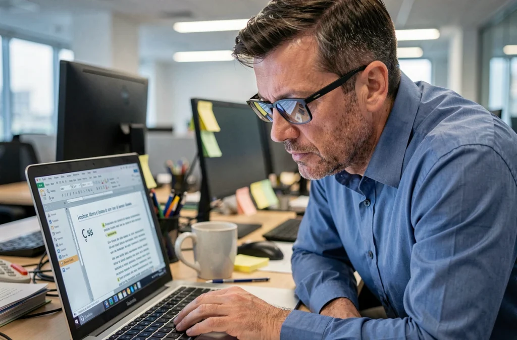 Homme en bureau regardant un document Word avec le caractère Ç majuscule affiché à l'écran