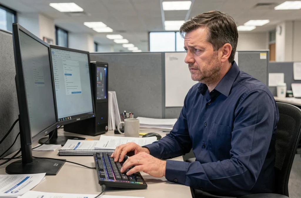 Homme confus face à un clavier PC Windows inversé dans un bureau professionnel en open space