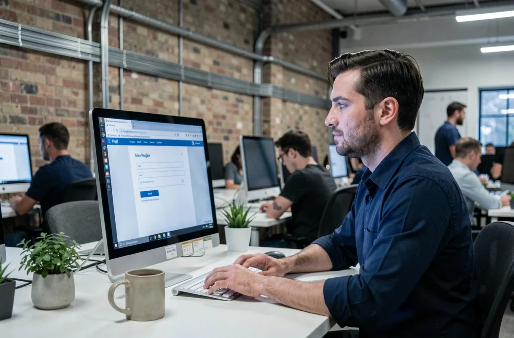 Homme se connectant à son webmail dans un espace de coworking moderne