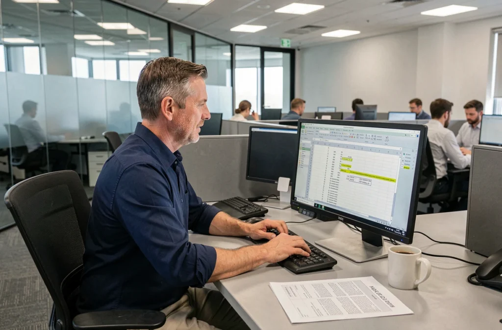 Homme d'affaires utilisant les formules de moyenne Excel dans un bureau en open space