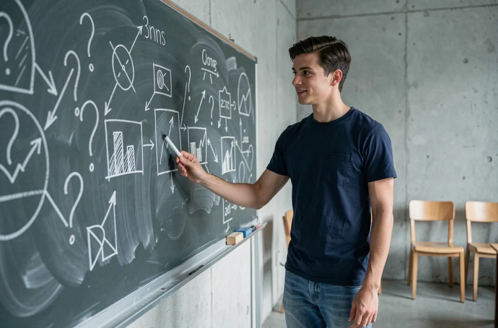 Jeune homme devant un tableau noir couvert de schémas et de points d'interrogation, représentant l'explication pédagogique d'un mystère ou d'un concept abstrait