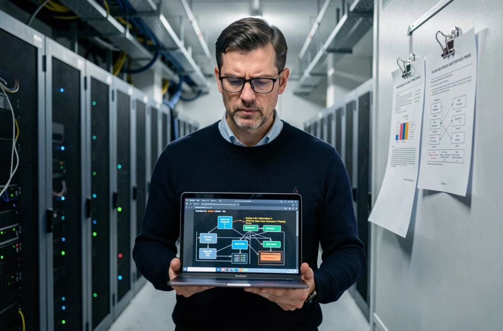 Ingénieur data en salle serveur consultant des erreurs de pipeline et de qualité des données sur laptop