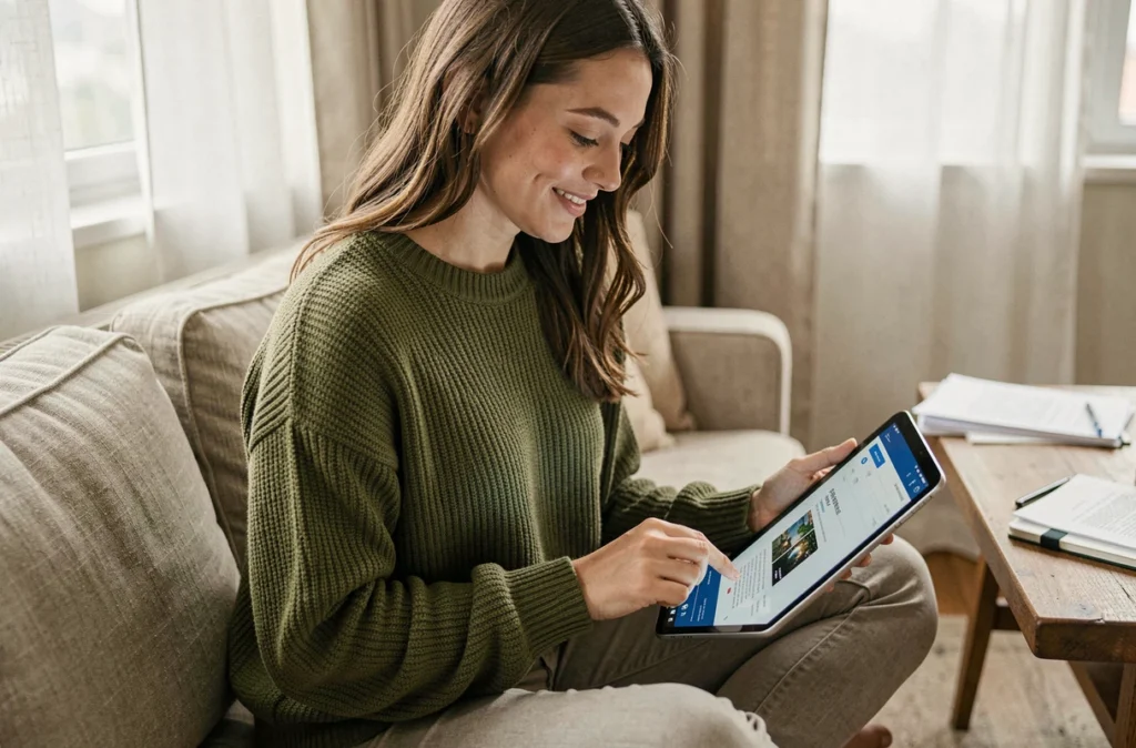 Jeune femme accédant à sa messagerie Webversailles sur une tablette depuis son salon