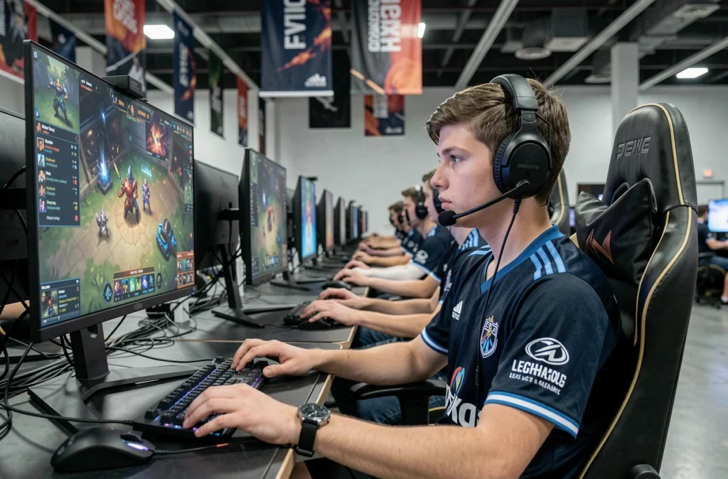Jeune joueur professionnel de League of Legends en salle d'entraînement esports avec casque et jersey d'équipe