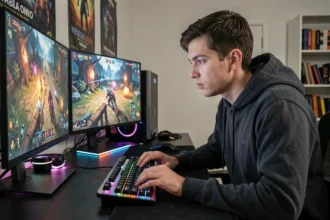 Joueur de League of Legends concentré devant son setup PC gaming avec double écran dans une chambre moderne