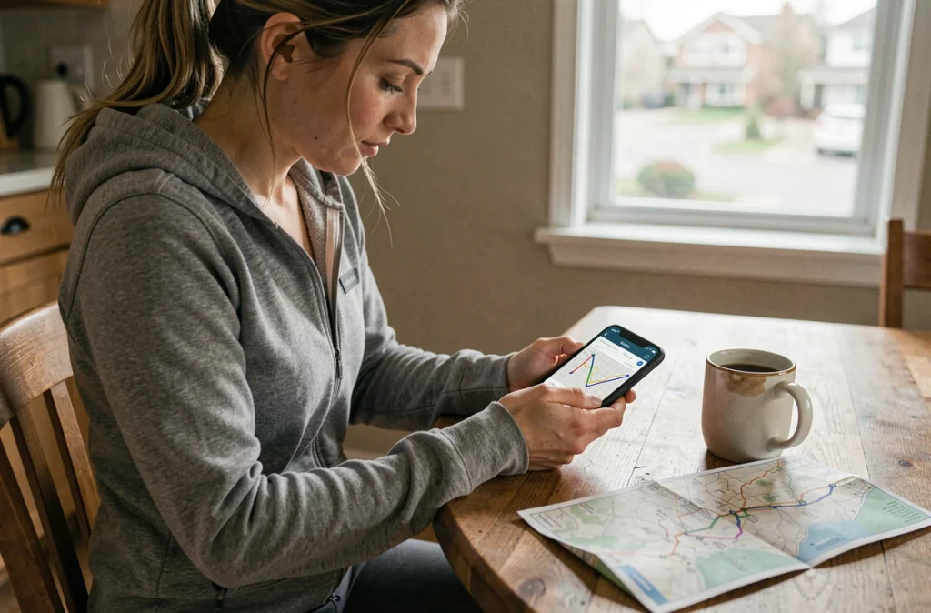 Femme consultant un itinéraire GPX sur smartphone à la maison avant une randonnée