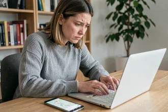 Femme cherchant à localiser un iPhone depuis un ordinateur portable et un smartphone Android