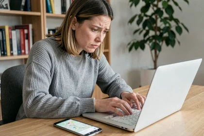 Femme cherchant à localiser un iPhone depuis un ordinateur portable et un smartphone Android