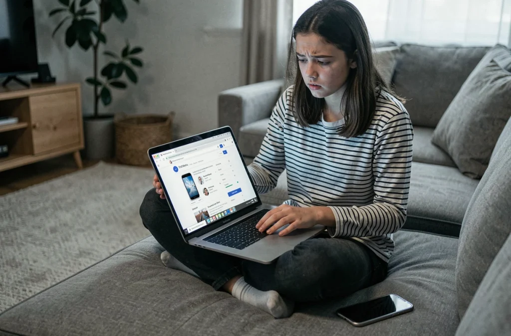 Adolescente localisant un iPhone depuis un PC Windows avec un navigateur web et l'interface de géolocalisation Apple