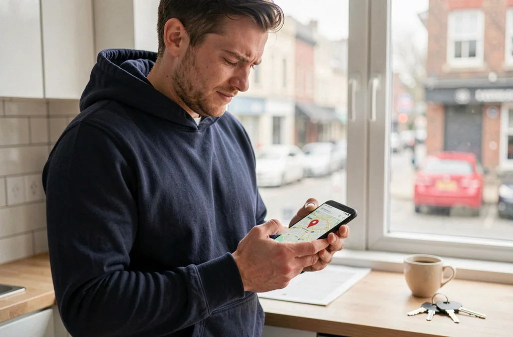 Homme utilisant un smartphone Android pour localiser un iPhone perdu depuis une application de géolocalisation