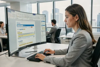Femme professionnelle utilisant les fonctionnalités de publipostage dans Microsoft Word sur un écran de bureau moderne en open space