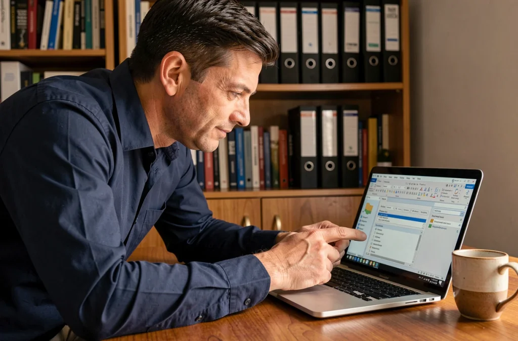 Homme en télétravail configurant un publipostage avec liste de destinataires dans Microsoft Word sur un bureau en bois à domicile