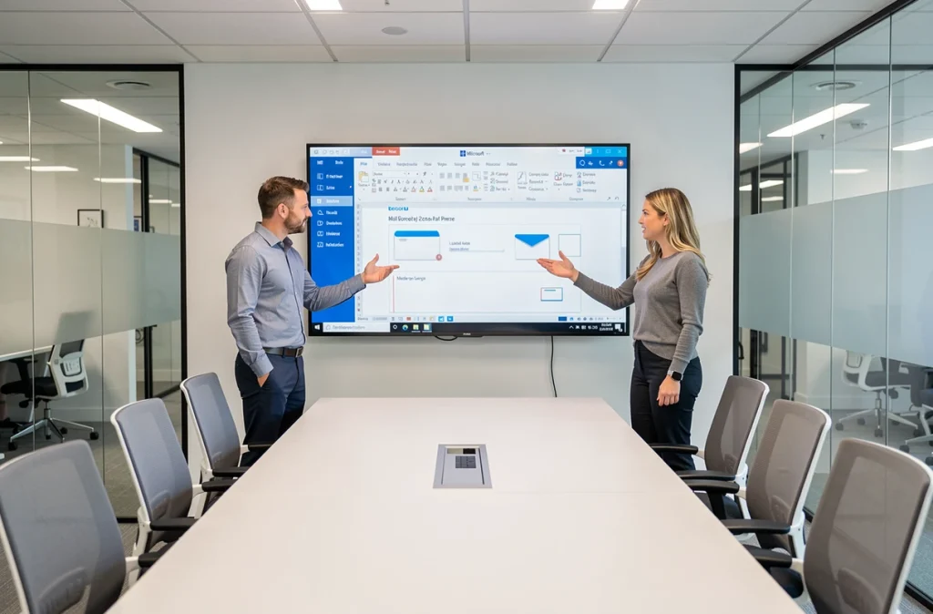 Deux collègues en salle de réunion analysant un modèle de publipostage avec options d'enveloppes et d'étiquettes dans Microsoft Word sur grand écran mural