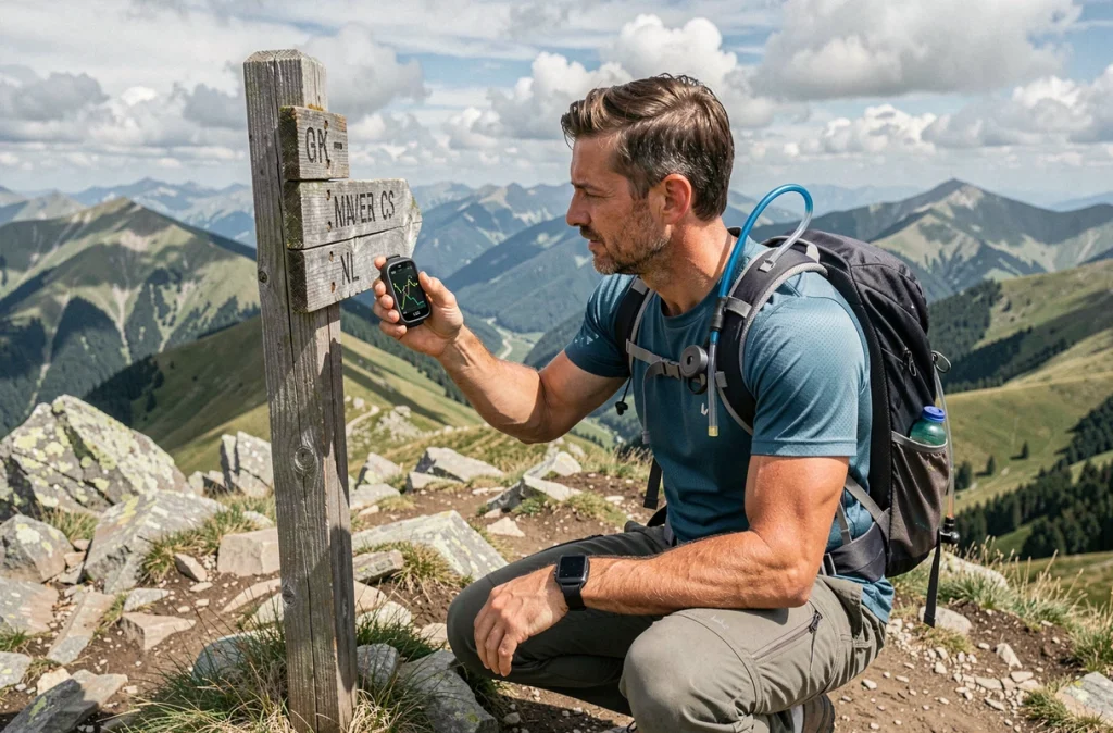 Randonneur comparant sa trace GPX sur montre GPS avec le paysage en altitude