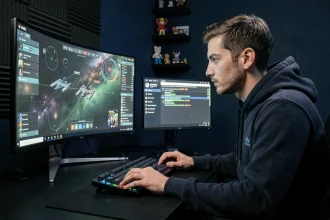Joueur concentré sur un setup double écran ultrawide 21:9 avec Eve Online et Discord ouverts côte à côte dans un bureau gaming sombre