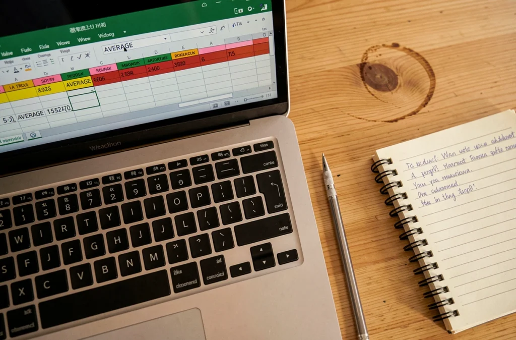 Vue aérienne d'un ordinateur portable avec une feuille de calcul Excel affichant la formule MOYENNE