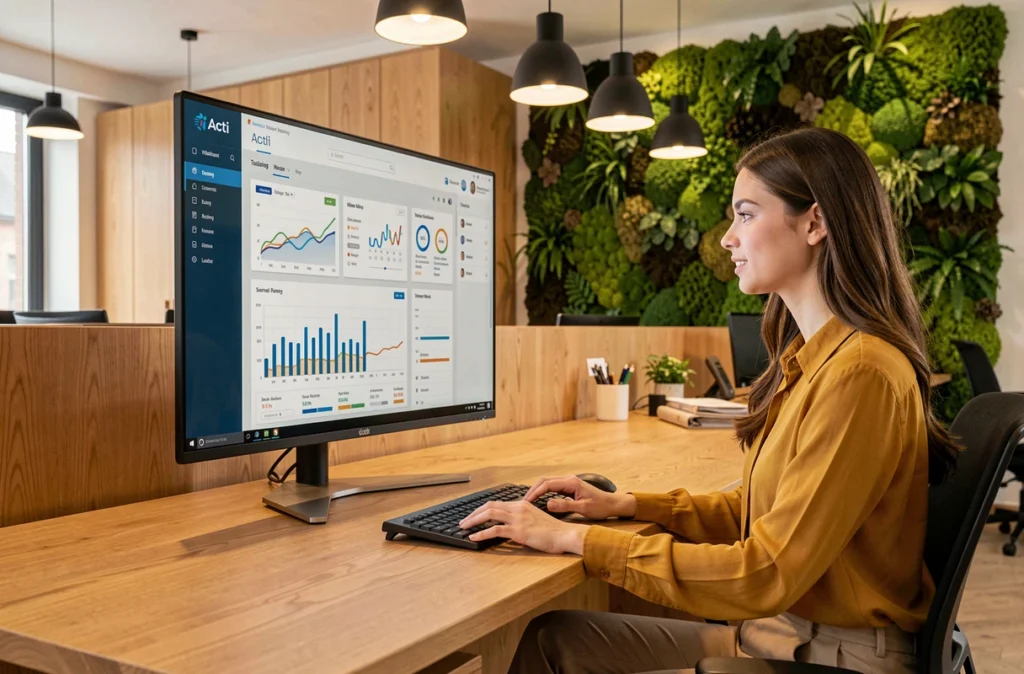 Stratège digitale de l'agence Acti analysant un tableau de bord marketing sur un grand écran