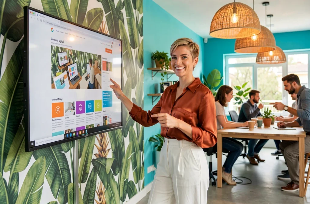 Directrice créative de Coconut Digital présentant une refonte de site web colorée dans un studio au décor tropical à Toulouse