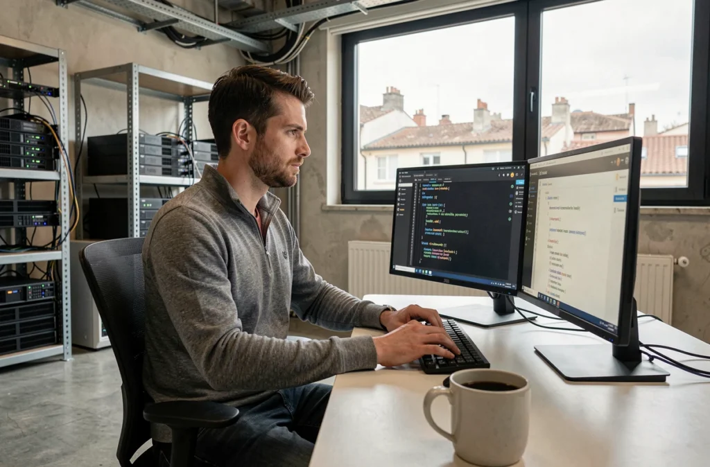 Développeur full-stack de l'agence Itix codant une application web sur un double écran dans un bureau industriel à Toulouse
