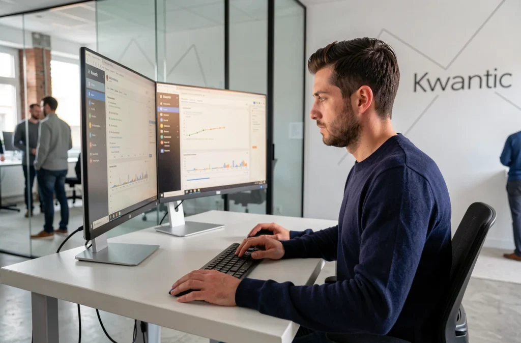 Développeur web de l'agence Kwantic à Toulouse travaillant sur un tableau de bord numérique complexe