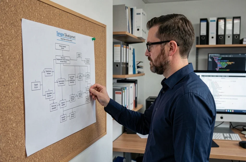 Développeur de Synapse Développement étudiant un schéma de base de données complexe épinglé sur un tableau en liège